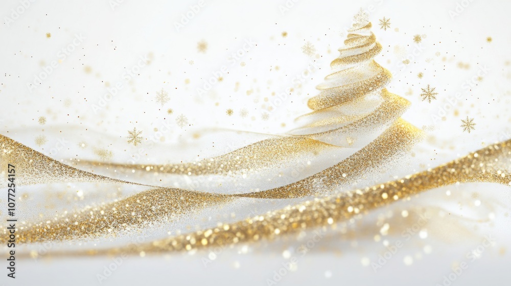 Poster A beautifully designed golden Christmas tree stands elegantly, surrounded by a shimmering display of sparkling particles.