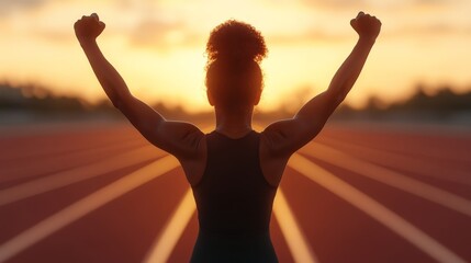 Victory Lap: A silhouette of an athlete celebrating success on a running track against a vibrant sunset sky.  The image captures the determination, resilience, and ultimate triumph of achieving goals.