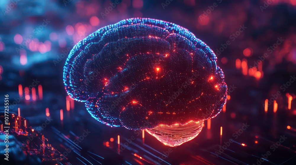 Fototapete Futuristic Digital Illustration of Human Brain with Advanced Smart Technology, Neural Network Connections, and Glowing Data Points Depicting Artificial Intelligence and Cognitive Enhancement at Night