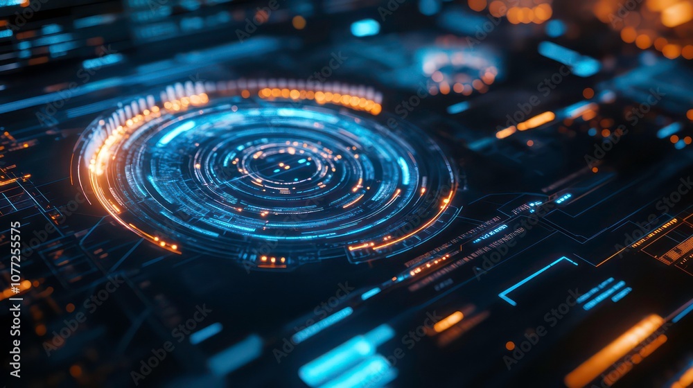 Poster abstract futuristic digital interface with glowing blue and orange circles.