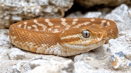 Obraz premium Close-up of a brown snake with a light brown head and white patches on a rock.