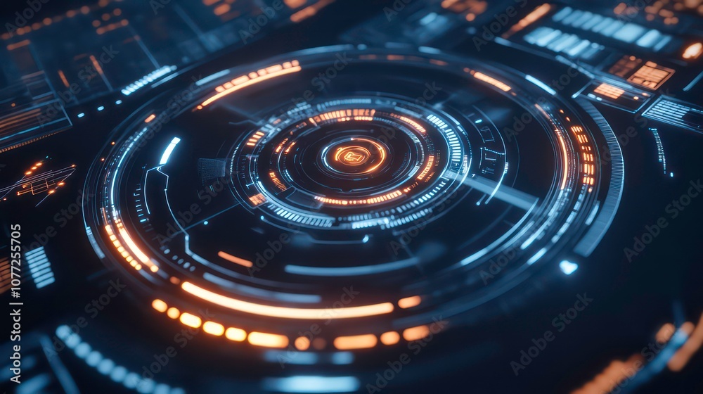 Poster Abstract futuristic interface with glowing neon blue and orange circular elements.