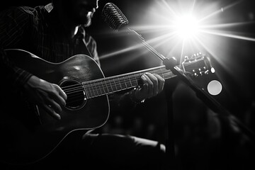 Naklejka premium Under the Glare of Luminescence A Virtuoso Musician Captivates the Multitude with an Exemplary Guitar Recital His Vocals Resounding through the Amplification