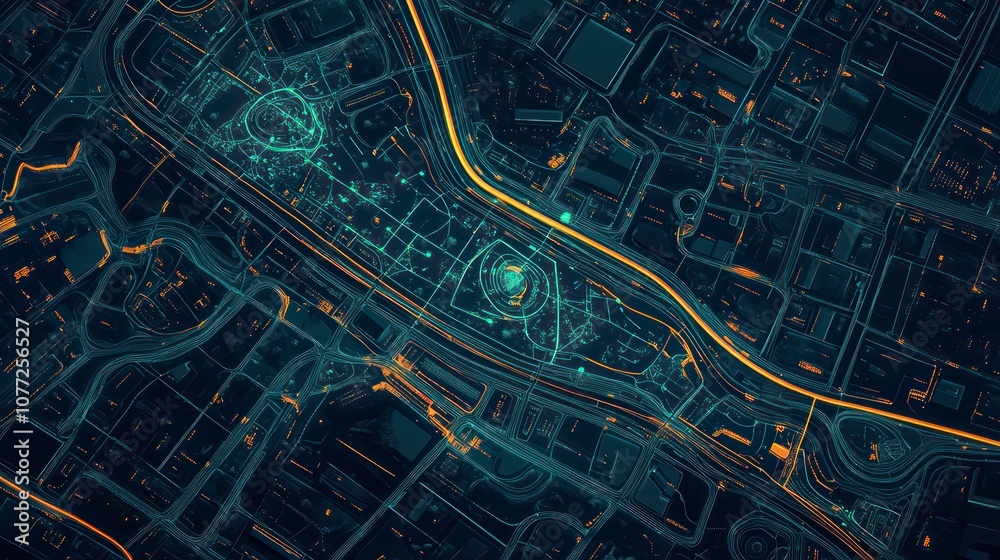 Leinwandbilder Abstract city map with glowing lines and dots, representing data flow and connectivity.