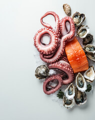Fototapeta premium Aesthetic Luxury Seafood Display with Octopus Tentacles, Salmon Tail, Oysters, and King Crab Claws on White Background