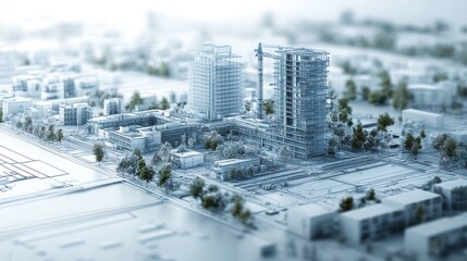 A miniature cityscape with buildings, trees, and streets, rendered in a stylized, white and grey color scheme.