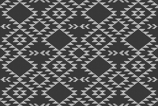 Black & White Southwestern beaded Aztec diamonds kilim Raster Pattern. Vintage native tribal Aztec beads contrast seamless pattern.