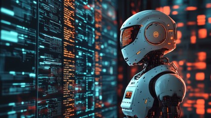 Fototapeta premium A futuristic robot stands in front of a large screen displaying data and code, looking intently at the information.