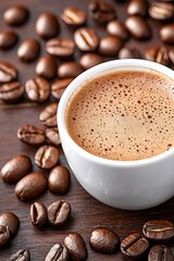 Cozy close-up of a creamy cup of coffee on a dark wooden table surrounded by coffee beans