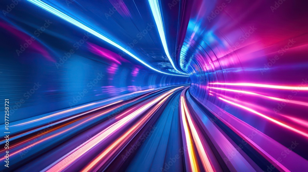 Poster abstract streaks of blue and purple light blur through a tunnel, creating a sense of speed and motio