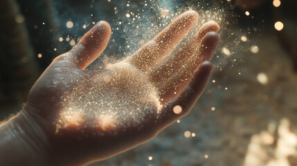 Close shot of a personâs hand dissolving into particles as if evaporating into a digital or cosmic haze.