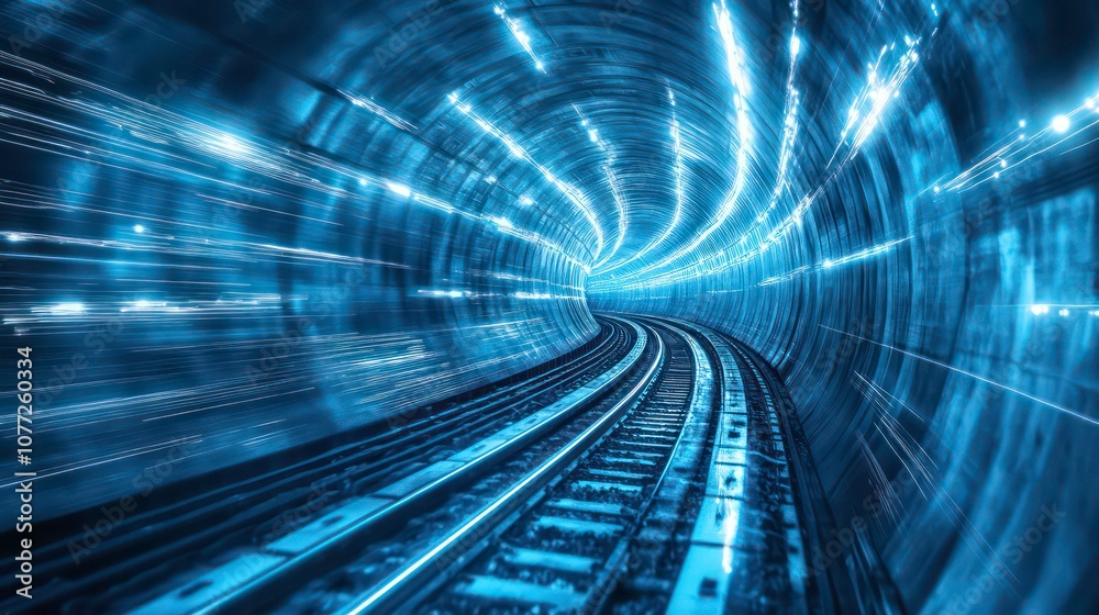 Aufkleber a long exposure shot of a train speeding through a blue-lit tunnel, creating a sense of motion and e