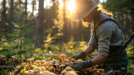 A person wearing a hat and gloves, carefully foraging for edible wild mushrooms in a sunlit spring forest.