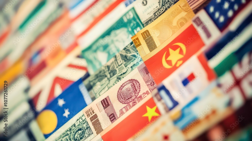 Poster A close-up of a variety of international banknotes arranged in a diagonal pattern.