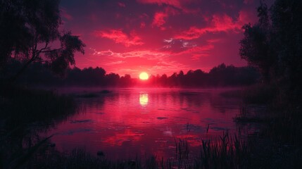 Fototapeta premium A vibrant sunset over a still lake, casting a warm glow on the water and surrounding trees, creating a serene and peaceful atmosphere.