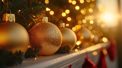 Gold Christmas ornaments on a mantel with warm lights and greenery.