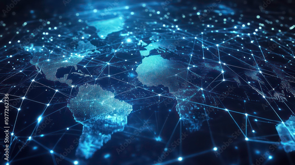 Poster A glowing blue world map with a network of connected lines and dots, representing global connectivity.