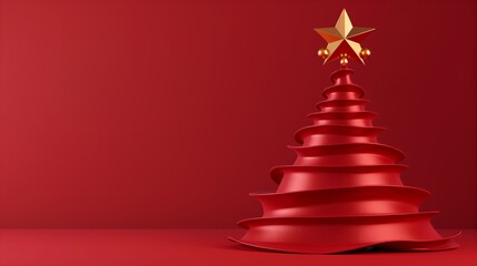 Obraz premium Stylized red ribbon Christmas tree with a golden star on top against a vibrant red background.