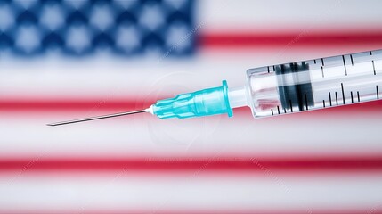 Close-up view of a syringe with a needle against the backdrop of the American flag during a significant health event