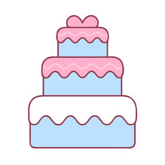 A three-layered cake with pink and blue frosting and pink and blue decorations. The cake is adorned with pink and blue hearts, giving it a festive and celebratory appearance
