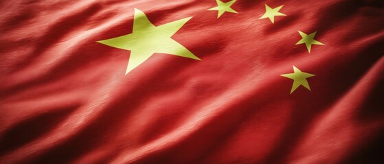 A close-up of the Chinese flag, showcasing its red background and yellow stars.