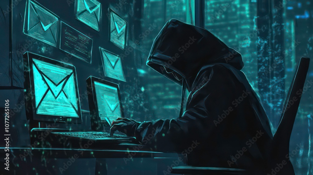 Poster a hooded figure sits at a computer in a dark room, surrounded by glowing email icons, seemingly enga