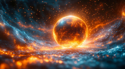Obraz premium A glowing planet with vibrant orange and blue hues against a cosmic background