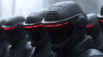 Fototapeta premium Futuristic soldiers in dark helmets with glowing red visors stand in formation, exuding sense of power and intimidation in rainy environment