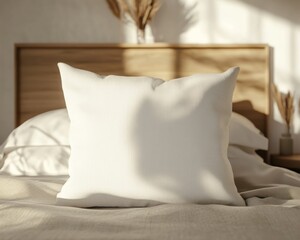 White pillow in the style of mockup that lie in the middle of the bed 