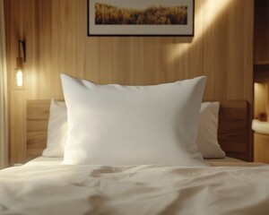 White pillow in the style of mockup that lie in the middle of the bed 