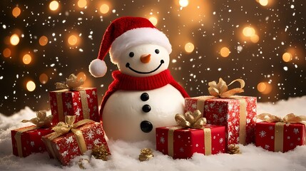 Fototapeta premium A cheerful snowman in a red scarf and hat stands among colorful gifts, set against a magical, snowy backdrop with shimmering lights.