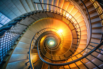 A captivating spiral staircase illuminated by warm light, creating a sense of depth and inviting exploration.