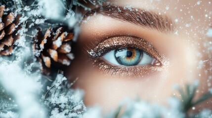 A woman's eye, with sparkling gold eyeshadow, looks out from behind a snowy pine branch.