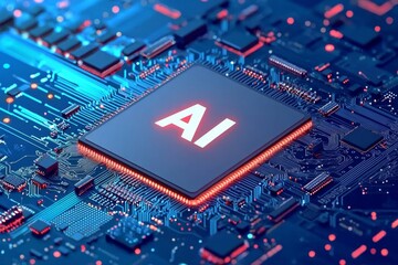 chip with holographic text "AI" floating above it, with red and blue colo