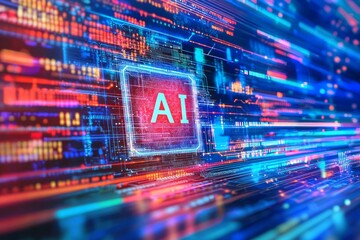chip with holographic text "AI" floating above it, with red and blue colo