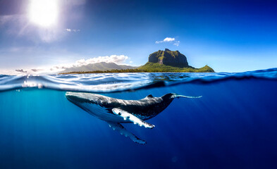 Indian Ocean, Mauritius Whale and humpback whale and vibrant coral reefs and sea Turtles. Mauritius island under waterfall, Mauritius undersea, Mauritius sea, humpback whale © karacacennet