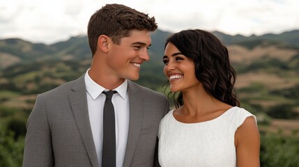 Newlyweds in Love: A young couple radiates joy and affection as they exchange loving glances, standing against a breathtaking backdrop of rolling hills.