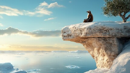 A solitary penguin sits on a snowy cliff, overlooking a tranquil ocean under a clear sky, with icebergs scattered in the serene water.
