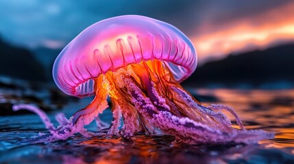 A glowing pink jellyfish gracefully drifts through tranquil water, radiating vibrant colors, evoking awe and the beauty of natural marine life balance.
