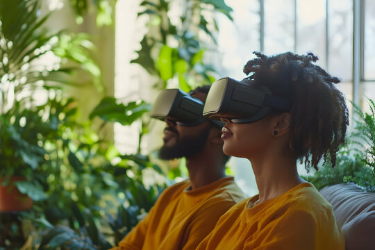 Two friends immerse themselves in a thrilling VR adventure in a colorful indoor garden