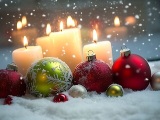 Christmas Ornaments and Candles in the Snow