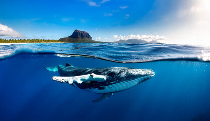Indian Ocean, Mauritius Whale and humpback whale and vibrant coral reefs and sea Turtles. Mauritius island under waterfall, Mauritius undersea, Mauritius sea, humpback whale © karacacennet