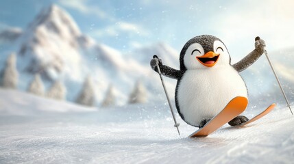 Fototapeta premium A cheerful penguin skiing joyfully on snowy slopes with mountains in the background, capturing a playful winter scene.