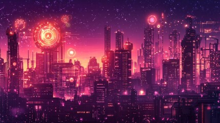 Fototapeta premium Futuristic Cyberpunk Cityscape Illuminated Under Neon Purple and Orange Skies