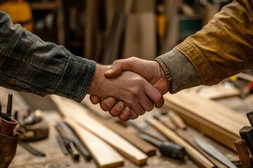 In a bustling workshop, a handshake symbolizes teamwork among craftsmen, highlighting the importance of dedication, commitment, and pursuit of excellence in woodworking and craftsmanship