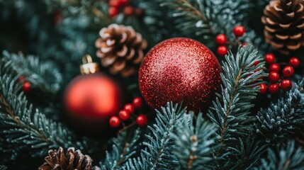 Fototapeta premium Festive Close-Up of Christmas Ornaments on Evergreen Branches