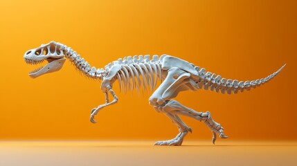Naklejka premium Running dinosaur skeleton on orange background
