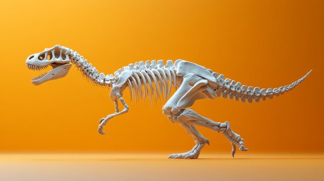 Running dinosaur skeleton on orange background