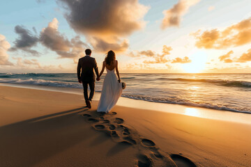 Sunset beach wedding with the bride and groom walking hand in hand by the ocean, footprints in the sand behind them.