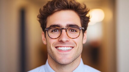 Confident Young Professional: Portrait of a smiling man in glasses, conveying success, intelligence, and approachability. Ideal for corporate, business, and marketing use. 